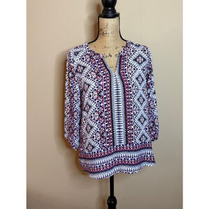 Women's Pink Rose Blouse Size L White Purple Patterned 3/4 Sleeve